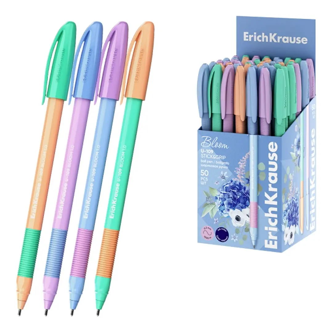 ErichKrause U-109 Stick and Grip Pastel Bloom Boligrafo con Capuchon - Modelos Surtidos - Trazo 0.3mm - Zona de Agarre de Goma - Tinta de Baja Viscosi 1