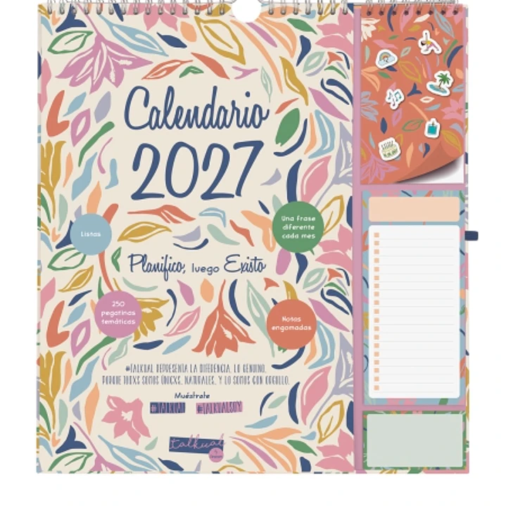 Finocam Talkual Calendario de Pared - Anual 2027 - Mes Vista - 300x340mm - Espiral Doble - Papel de 140g/m2 - Espacio para Escribir - Pegatinas Temati 1