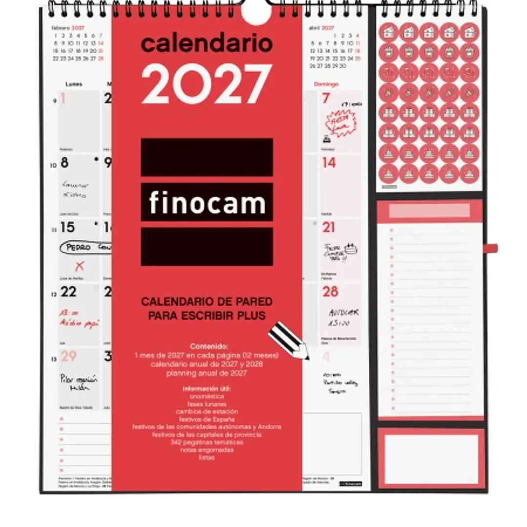 Finocam Neutro Calendario de Pared - Anual 2027 - Mes Vista - 300x340mm - Espiral Doble - Papel de 140g/m2 - Espacio para Escribir - Pegatinas Tematic 1