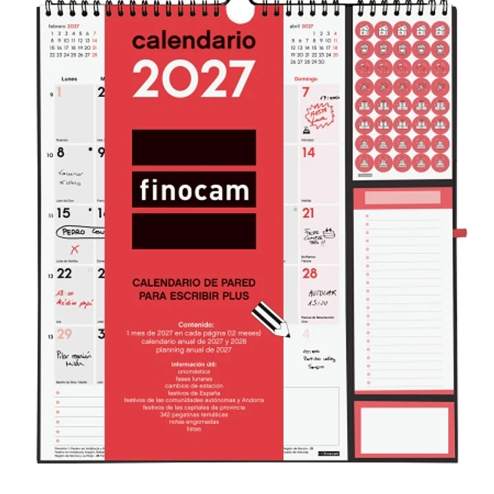 Finocam Neutro Calendario de Pared - Anual 2027 - Mes Vista - 300x340mm - Espiral Doble - Papel de 140g/m2 - Espacio para Escribir - Pegatinas Tematic 1