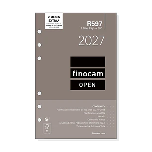 Finocam R597 Recambio para Agenda Open - Anual 2027 - 2 Dias por Pagina - Formato 500 - 117x181mm - 6 Taladros - Papel de 80g/m2 - Color Blanco