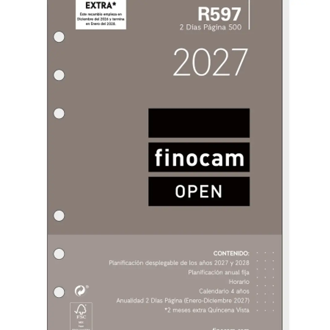 Finocam R597 Recambio para Agenda Open - Anual 2027 - 2 Dias por Pagina - Formato 500 - 117x181mm - 6 Taladros - Papel de 80g/m2 - Color Blanco 1