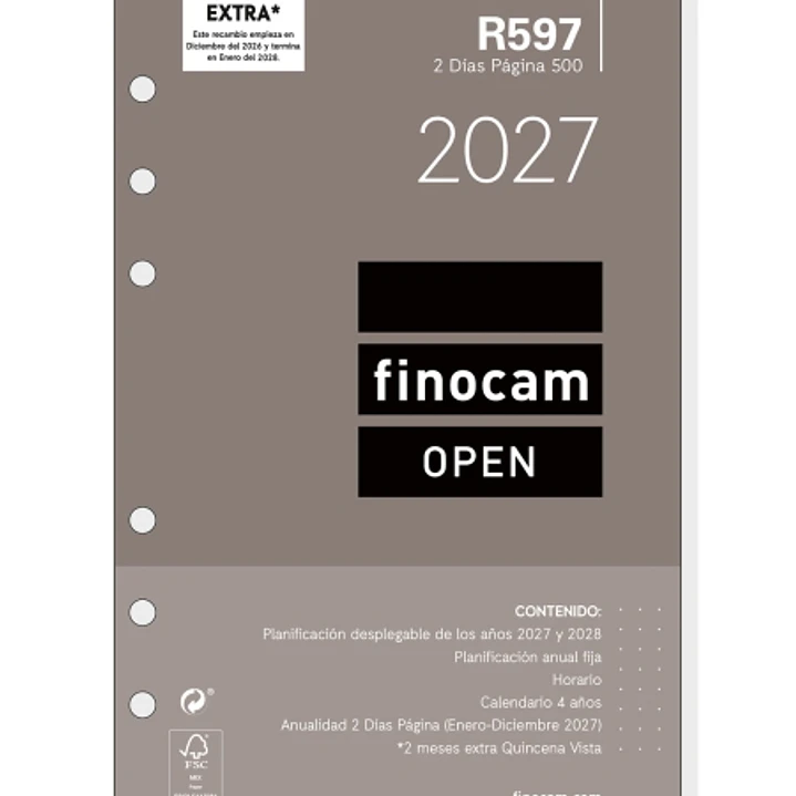 Finocam R597 Recambio para Agenda Open - Anual 2027 - 2 Dias por Pagina - Formato 500 - 117x181mm - 6 Taladros - Papel de 80g/m2 - Color Blanco 1