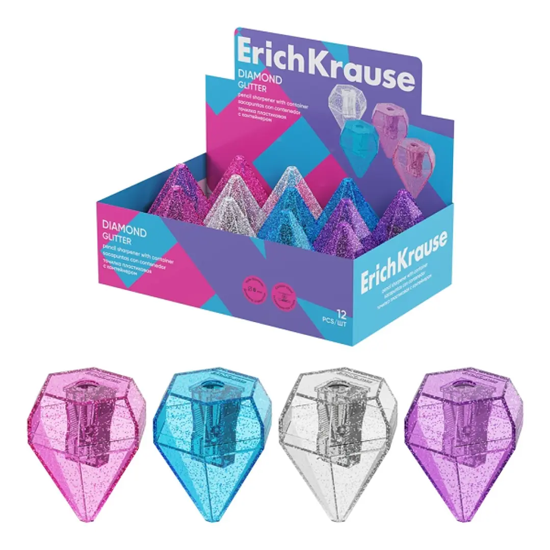 ErichKrause Diamond Expositor con 12 Sacapuntas con Contenedor - Plastico - Cuchilla Niquelada de Acero al Carbono - Orificio de 8mm - Colores Surtido 1