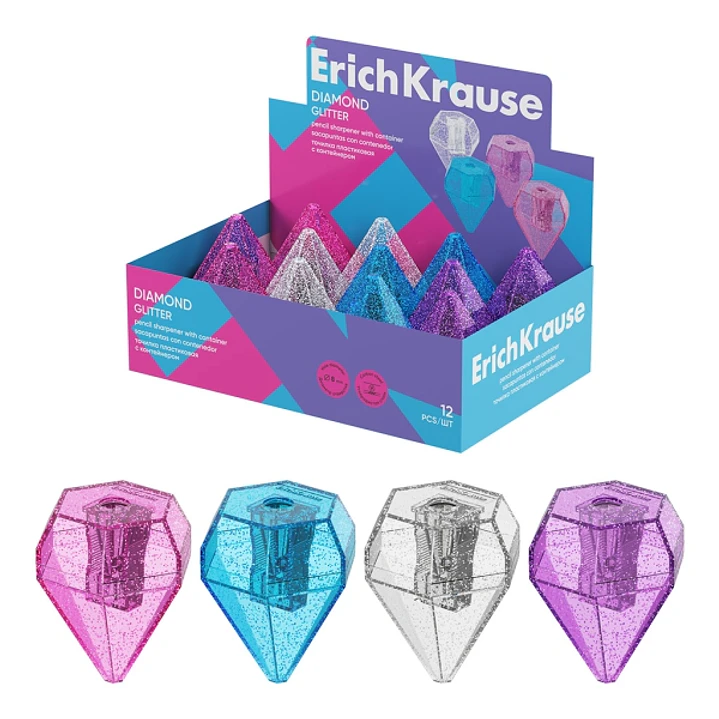 ErichKrause Diamond Expositor con 12 Sacapuntas con Contenedor - Plastico - Cuchilla Niquelada de Acero al Carbono - Orificio de 8mm - Colores Surtido 1