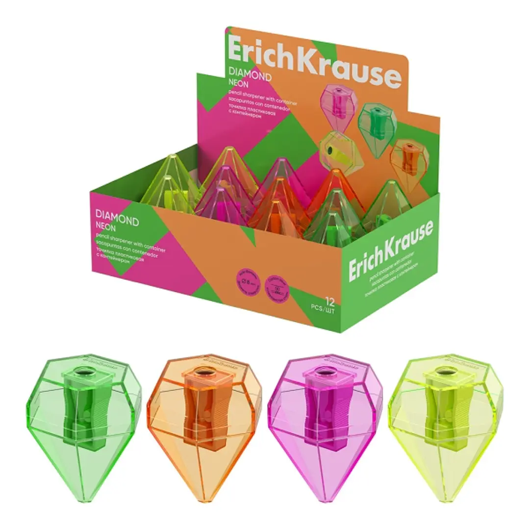 ErichKrause Diamond Neon Expositor con 12 Sacapuntas con Contenedor - Plastico - Cuchilla Niquelada de Acero al Carbono - Orificio de 8mm - Colores Su 1