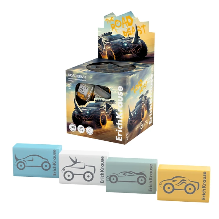ErichKrause Road Beast Expositor con 60 Gomas de Borrar - Caucho Termoplastico - Hipoalergenico - Libre de Polvo y PVC - Colores Surtidos 1