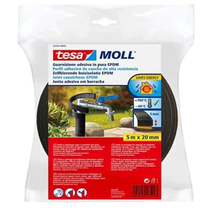 Tesa Moll Perfil Aislante Multiusos 5m x 20mm x 5mm - Fabricado en Caucho EPDM - Color Negro 1