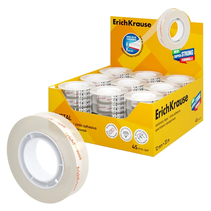 ErichKrause Crystal Expositor con 45 Cintas Adhesivas - Alta Adhesion - 12mm de Ancho - 33 Metros - Resistente al Desgarro Longitudinal - Color Transp 1