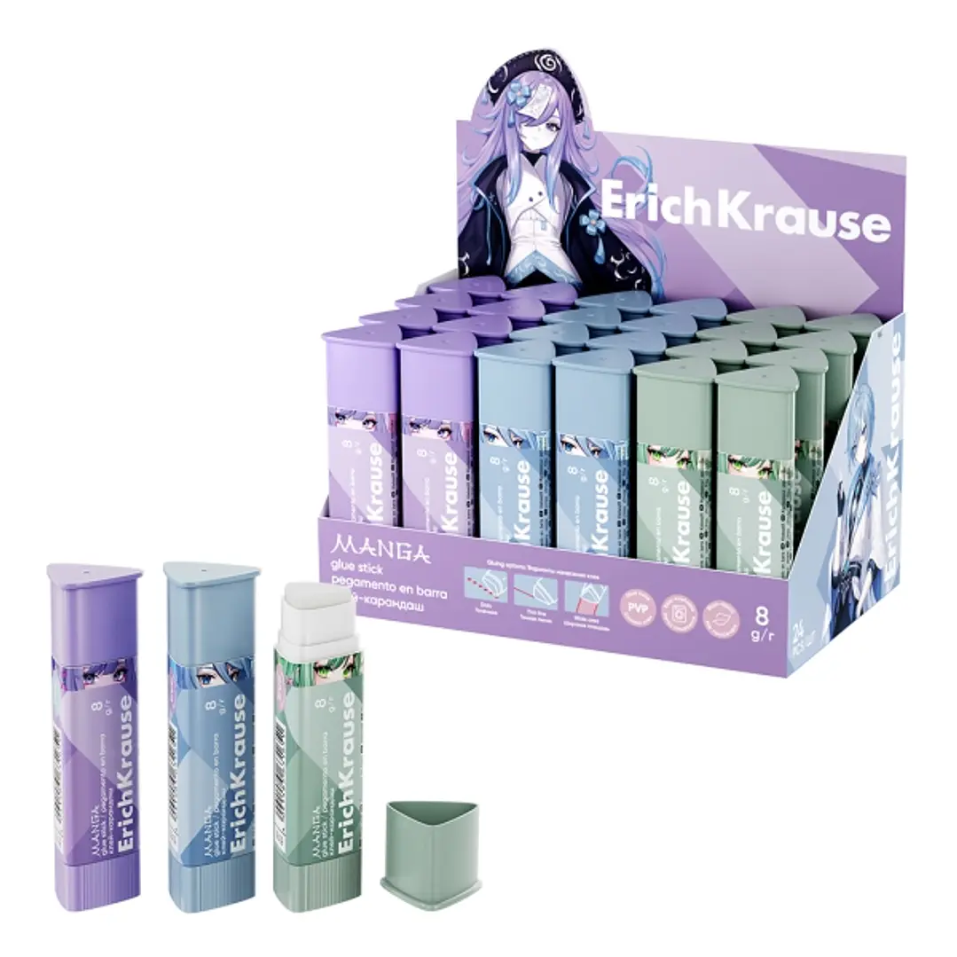 ErichKrause Prism Manga Expositor con 24 Pegamentos en Barra - 8g - Adhesion Fuerte - Multisuperficie - Color Blanco 1