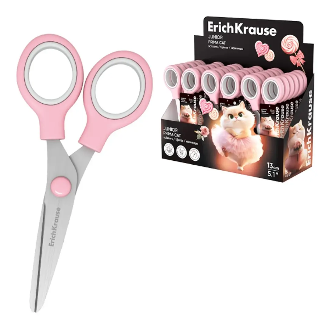 ErichKrause Junior Prima Cat Expositor con 24 Tijeras de 13cm - Mangos de Plastico Resistente a Golpes - Ergonomicas - Color Rosa 1