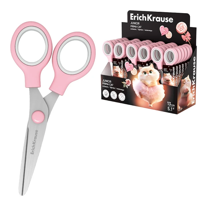 ErichKrause Junior Prima Cat Expositor con 24 Tijeras de 13cm - Mangos de Plastico Resistente a Golpes - Ergonomicas - Color Rosa 1