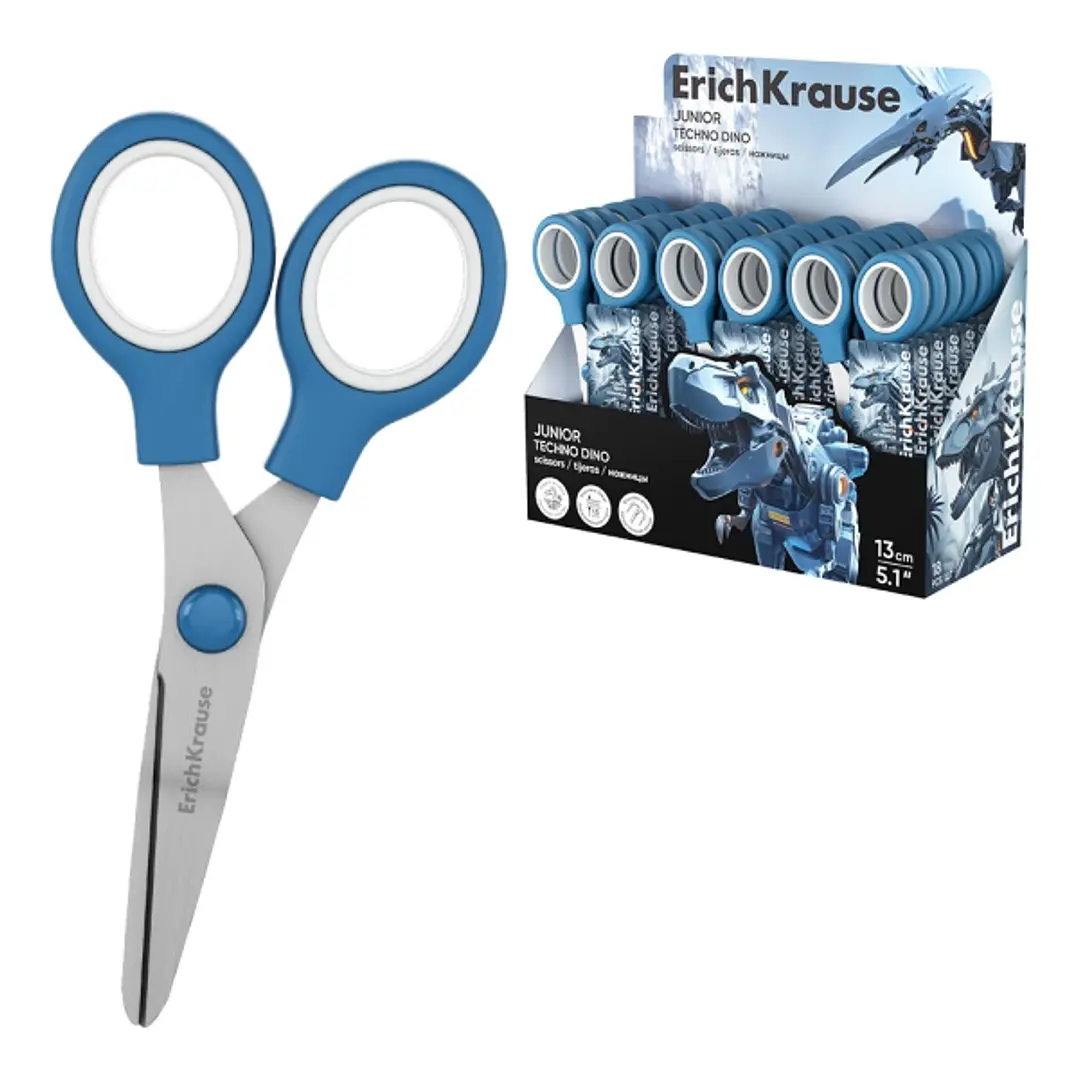 ErichKrause Junior Techno Dino Expositor con 18 Tijeras de 13cm - Mangos de Plastico Resistente a Golpes - Ergonomicas - Color Azul 1