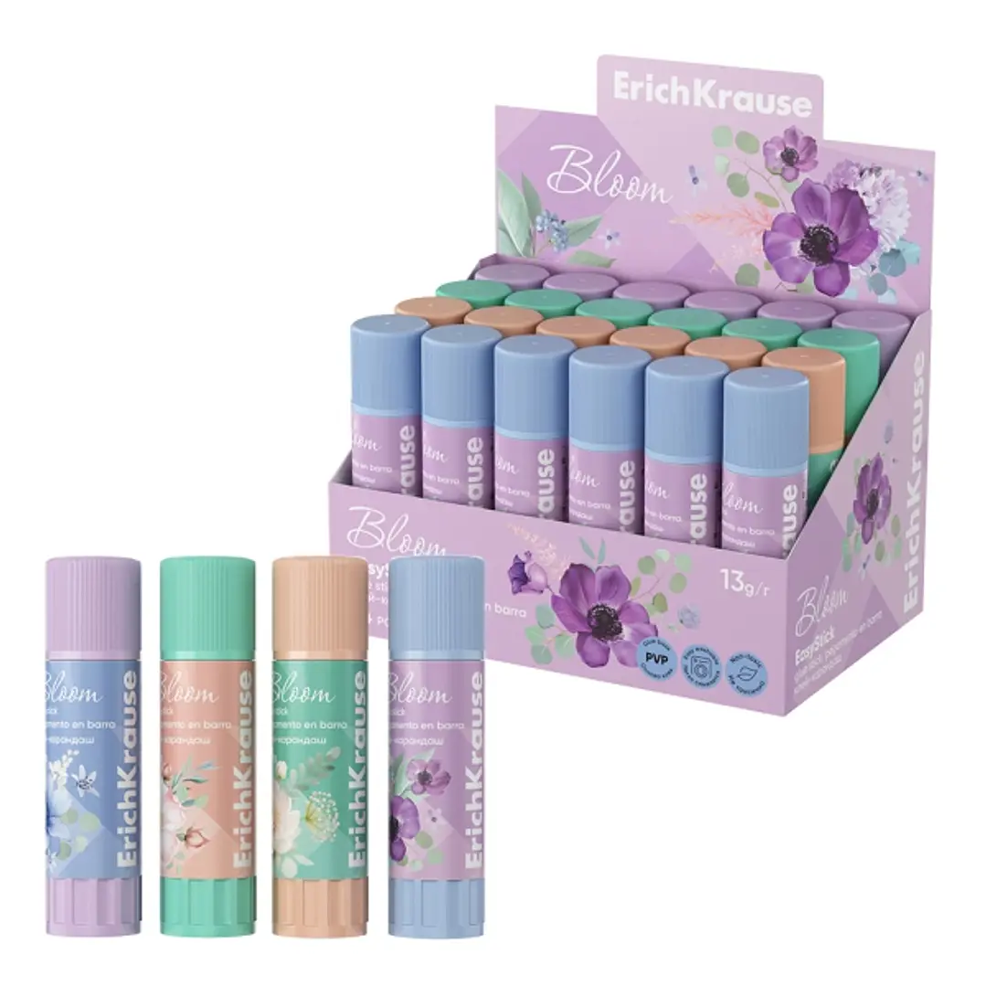 ErichKrause EasyStick Pastel Bloom Expositor con 24 Pegamentos en Barra - 13g - No Toxico - Adhesion Fuerte - Multisuperficie - Color Blanco 1