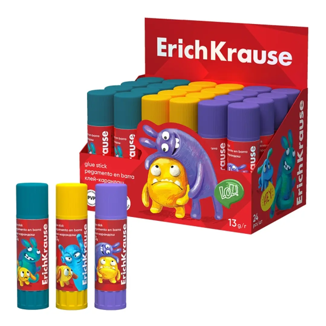 ErichKrause EasyStick Jolly Friends Expositor con 24 Pegamentos en Barra - 13g - Adhesion Fuerte - Multisuperficie - Color Blanco 1