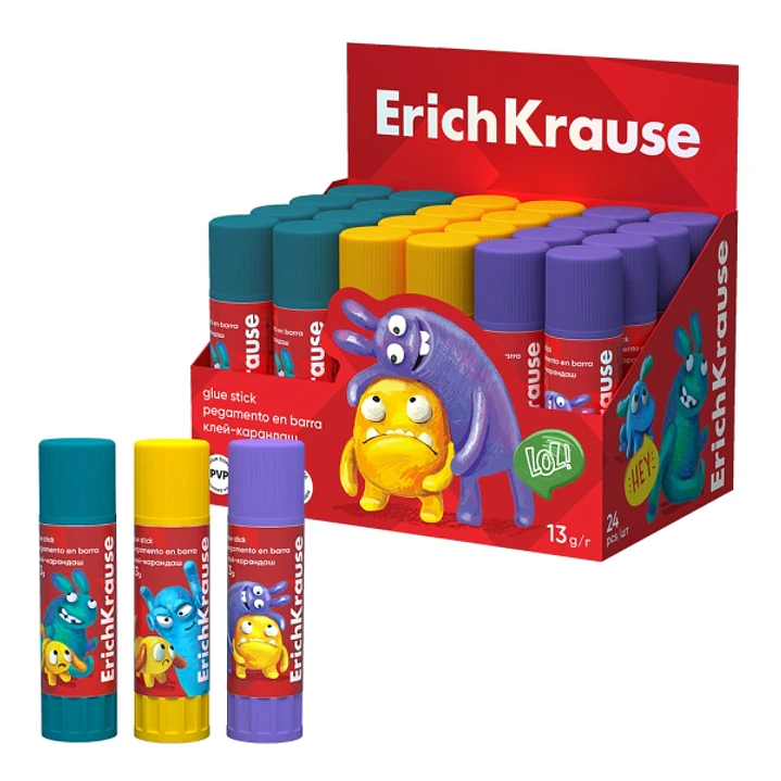 ErichKrause EasyStick Jolly Friends Expositor con 24 Pegamentos en Barra - 13g - Adhesion Fuerte - Multisuperficie - Color Blanco 1