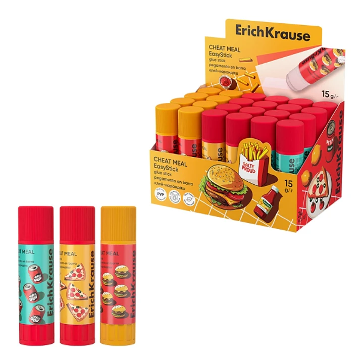 ErichKrause EasyStick Cheat Meal Expositor con 24 Pegamentos en Barra - 15g - Secado Rapido - Multisuperficie - Motivos - Color Blanco 1