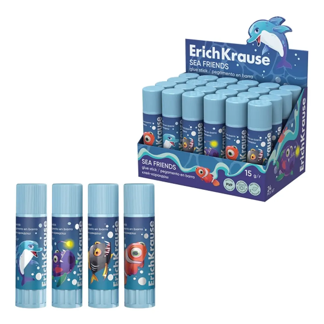 ErichKrause EasyStick Sea Friends Expositor con 24 Pegamentos en Barra - 15g - sin Residuos - No Mancha - Multisuperficie - Color Blanco 1