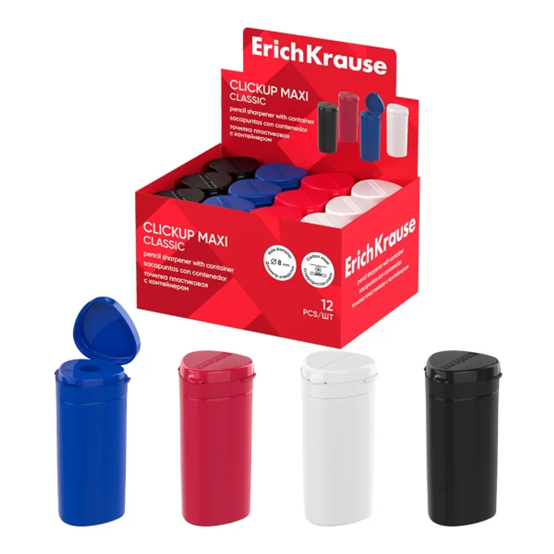 ErichKrause ClickUp Maxi Classic Expositor con 12 Sacapuntas con Contenedor - Plastico - Cuchilla Niquelada de Acero al Carbono - Orificio de 8mm - Co 1
