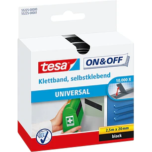 Tesa On & Off Cinta de Velcro 20mm x 2.5m - Se puede Abrir y Cerrar hasta 10.000 Veces - Color Negro