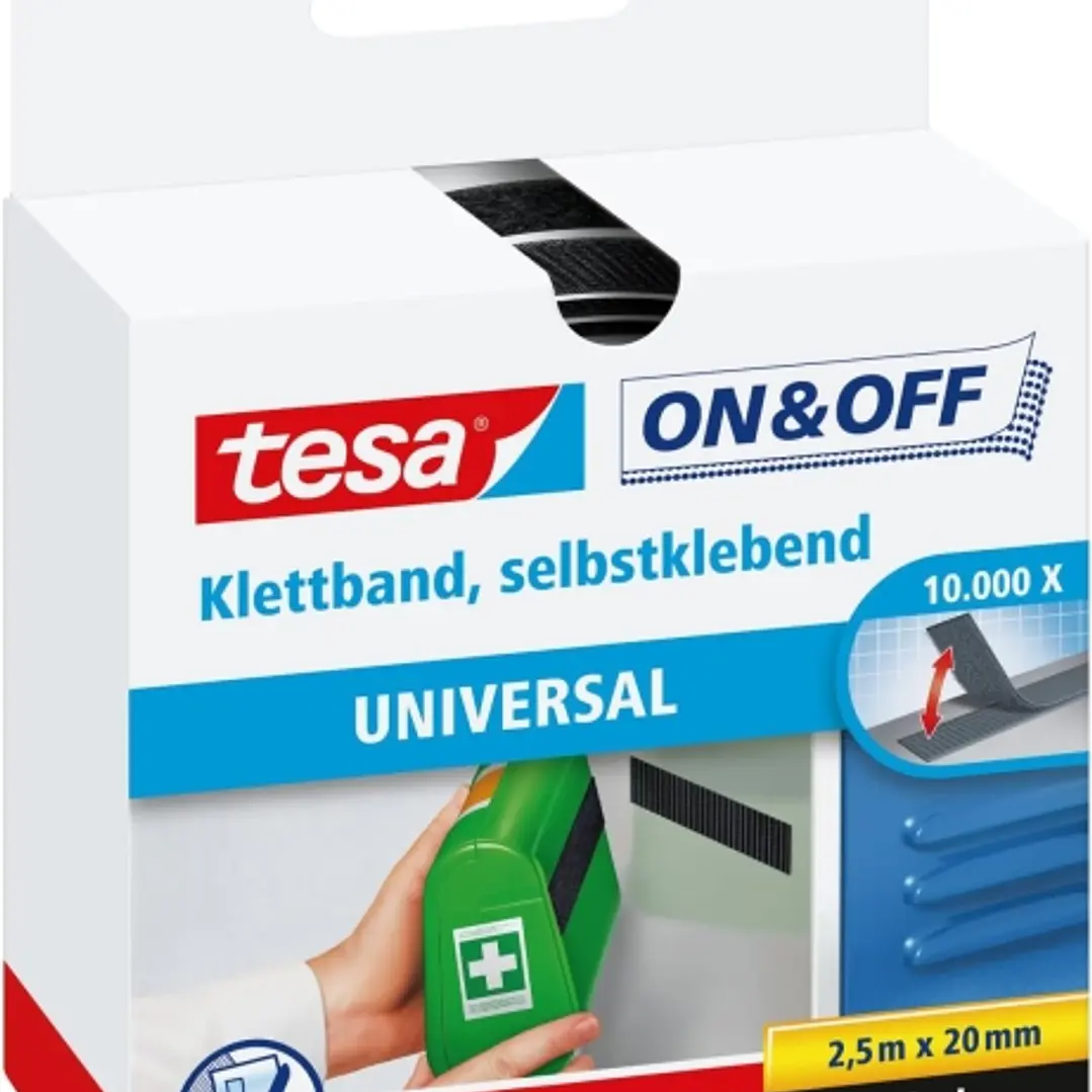 Tesa On & Off Cinta de Velcro 20mm x 2.5m - Se puede Abrir y Cerrar hasta 10.000 Veces - Color Negro 1