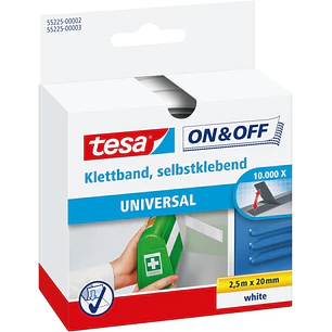 Tesa On & Off Cinta de Velcro 20mm x 2.5m - Se puede Abrir y Cerrar hasta 10.000 Veces - Color Blanco