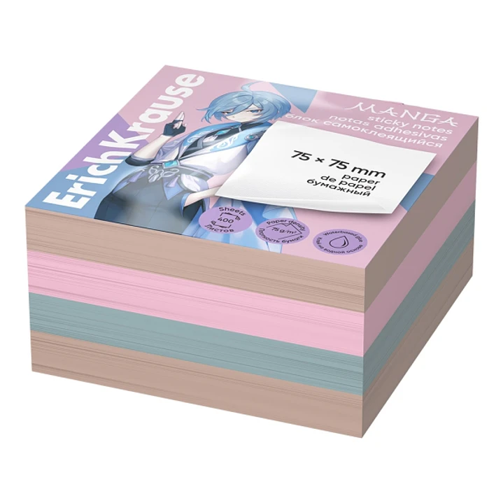 ErichKrause Manga Bloc de 400 Notas Adhesivas Reposicionables - Papel de 75g/m2 - 75x75mm - Pegamento a Base de Agua - Colores Surtidos 1