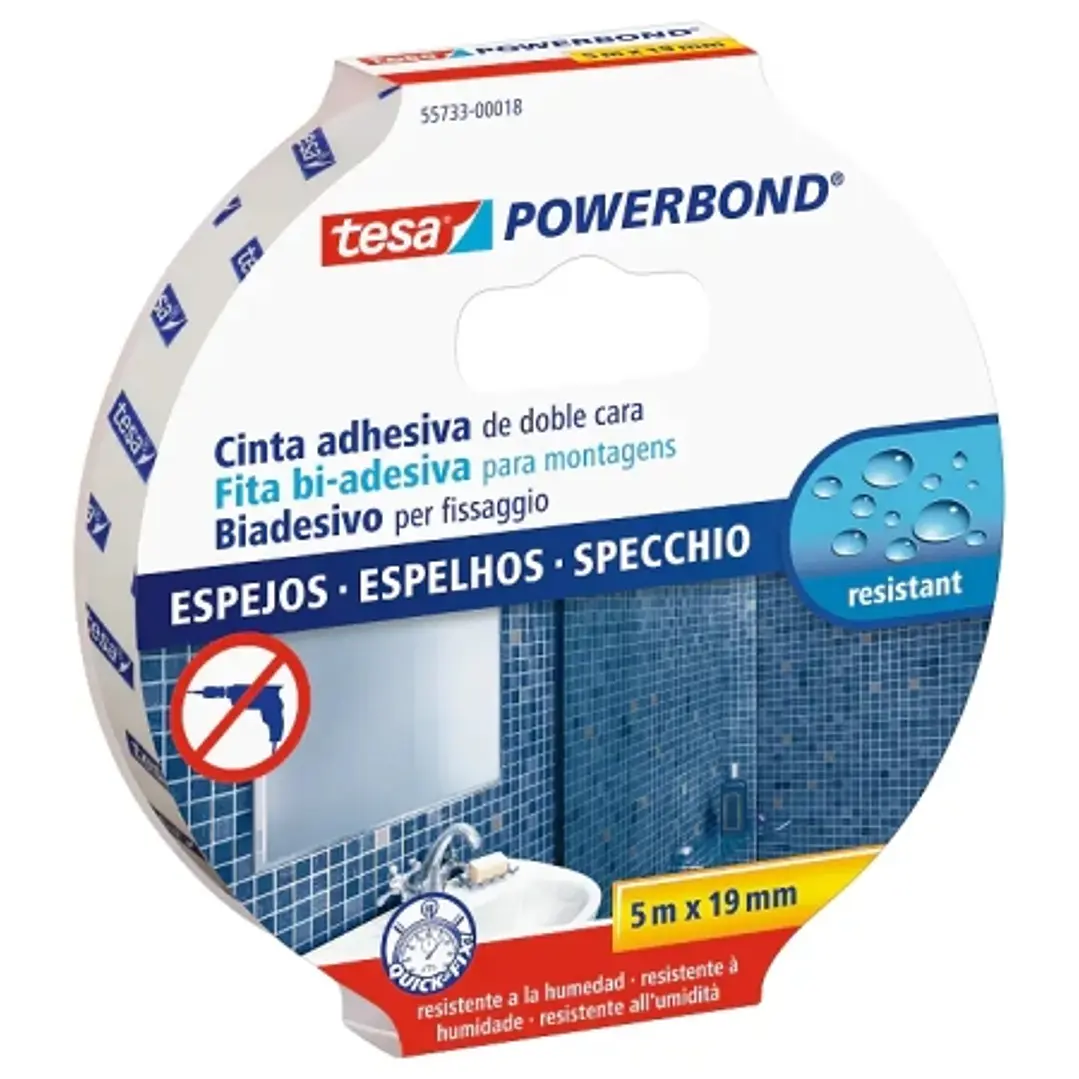 Tesa Powerbond Espejos Cinta Adhesiva de Doble Cara Especial para Espejos 19mm x 5m - Color Blanco 1