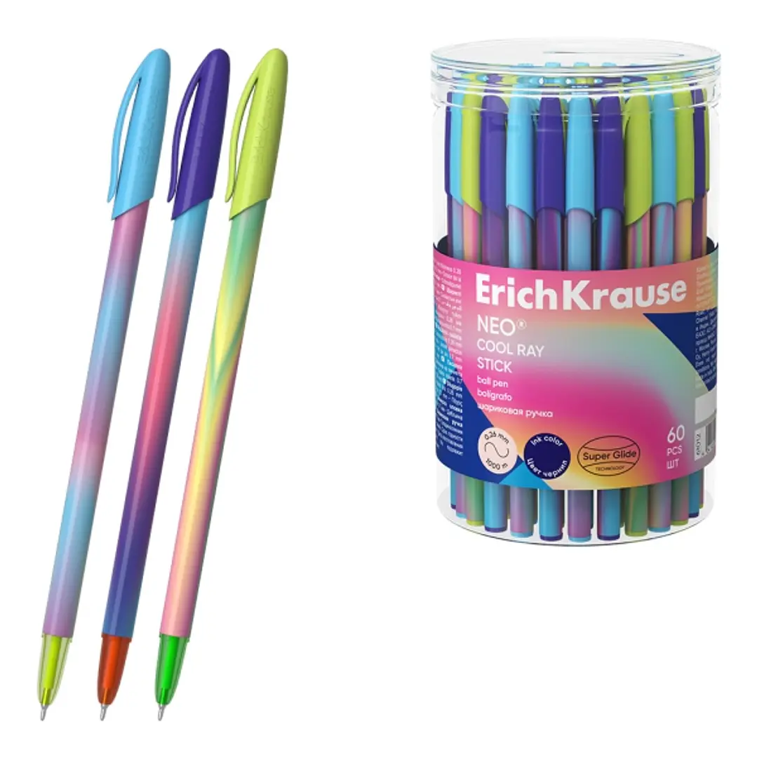 ErichKrause Neo Stick Cool Ray Boligrafo con Capuchon - Modelos Surtidos - Trazo 0.26mm - Tinta de Baja Viscosidad - Tapa Ventilada - Color Azul 1