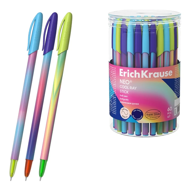 ErichKrause Neo Stick Cool Ray Boligrafo con Capuchon - Modelos Surtidos - Trazo 0.26mm - Tinta de Baja Viscosidad - Tapa Ventilada - Color Azul 1