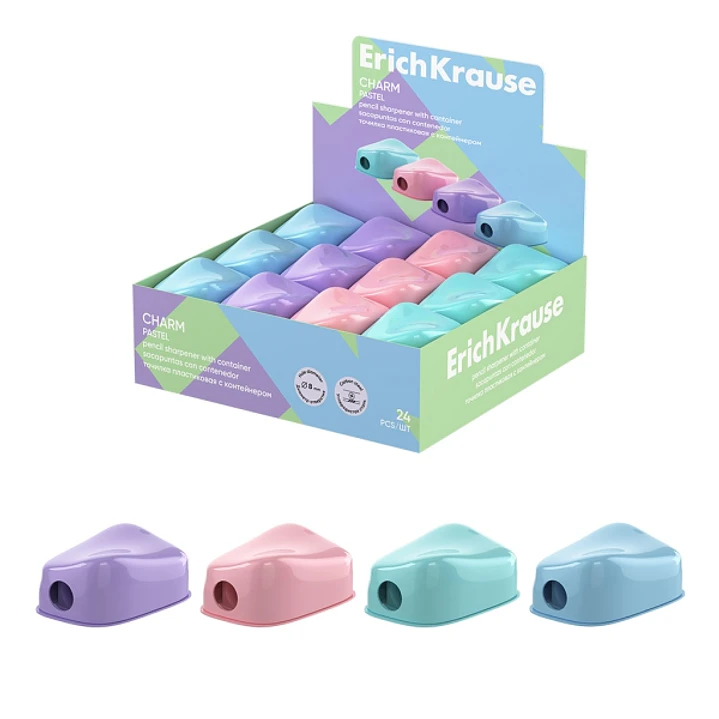 ErichKrause Charm Pastel Expositor con 24 Sacapuntas con Contenedor - Plastico - Cuchilla Niquelada de Acero al Carbono - Orificio de 8mm - Colores Su 1