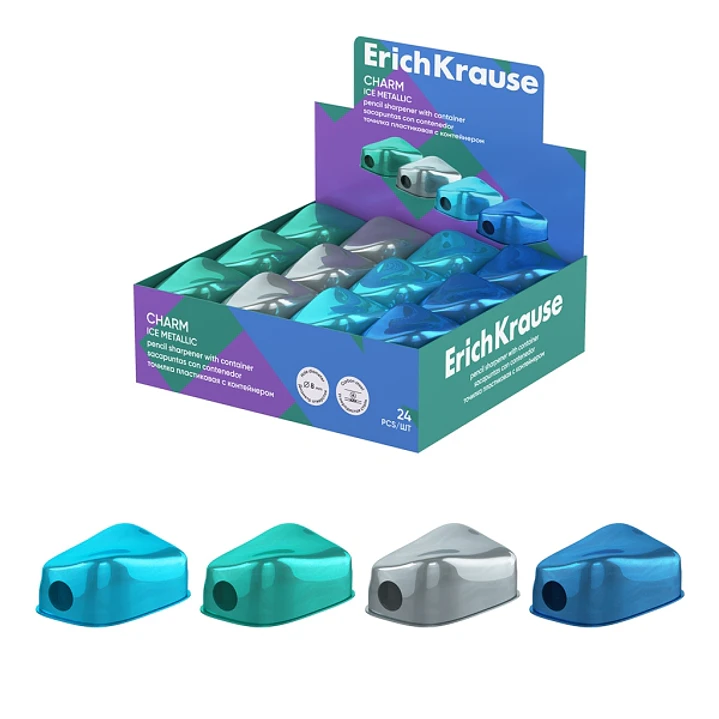 ErichKrause Charm Ice Metallic Expositor con 24 Sacapuntas con Contenedor - Plastico - Cuchilla Niquelada de Acero al Carbono - Orificio de 8mm - Colo 1