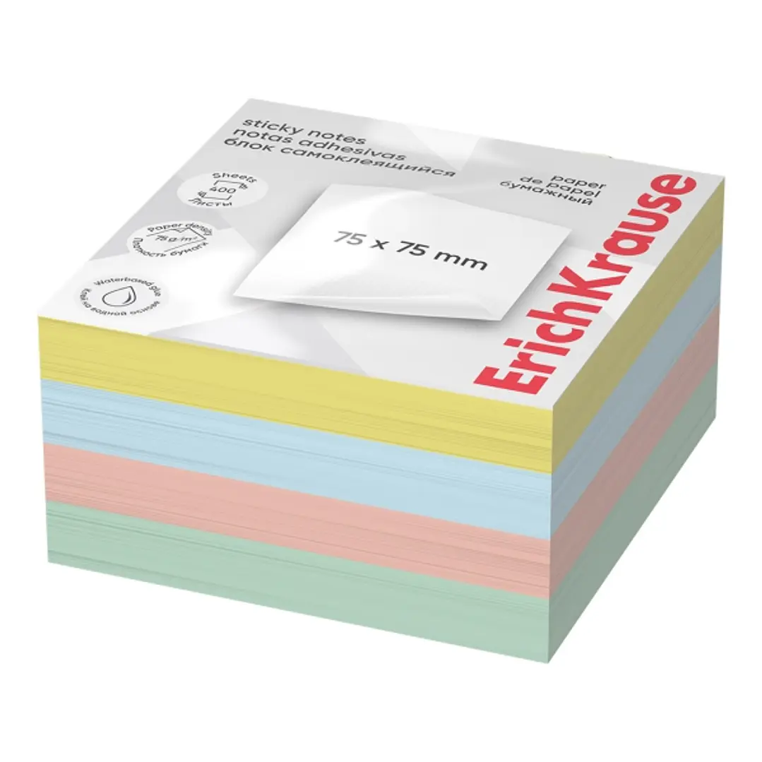 ErichKrause Bloc de 400 Notas Adhesivas Reposicionables - Papel de 75g/m2 - 75x75mm - Pegamento a Base de Agua - Colores Surtidos 1