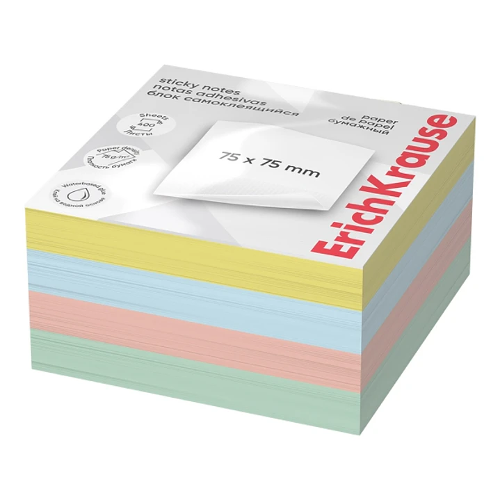 ErichKrause Bloc de 400 Notas Adhesivas Reposicionables - Papel de 75g/m2 - 75x75mm - Pegamento a Base de Agua - Colores Surtidos 1