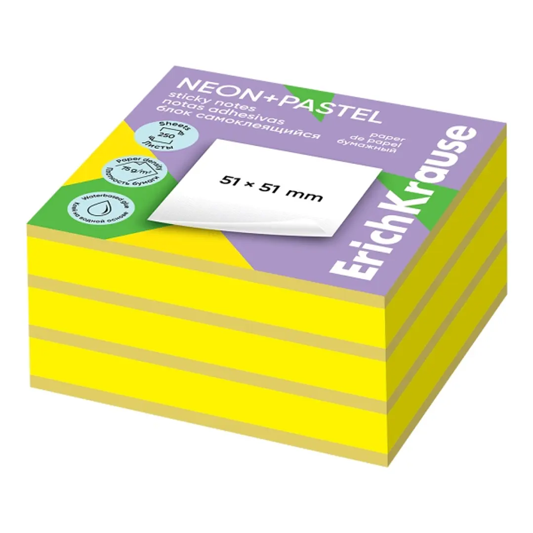 ErichKrause Neon+Pastel Bloc de 250 Notas Adhesivas Reposicionables - Papel de 75g/m2 - 51X51mm - Pegamento a Base de Agua - Colores Surtidos 1