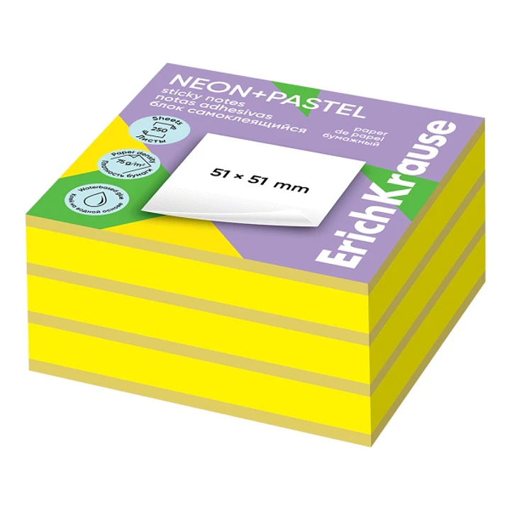 ErichKrause Neon+Pastel Bloc de 250 Notas Adhesivas Reposicionables - Papel de 75g/m2 - 51X51mm - Pegamento a Base de Agua - Colores Surtidos 1