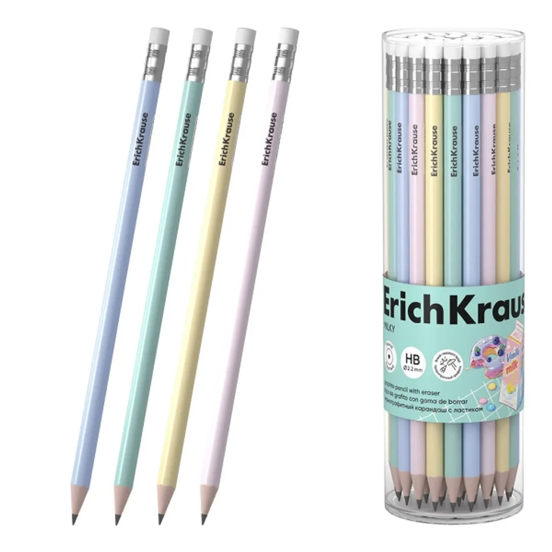 ErichKrause Milky Lapiz de Grafito con Goma de Borrar - Mina HB - Cuerpo Redondo - Agarre Ergonomico - Colores Surtidos 1