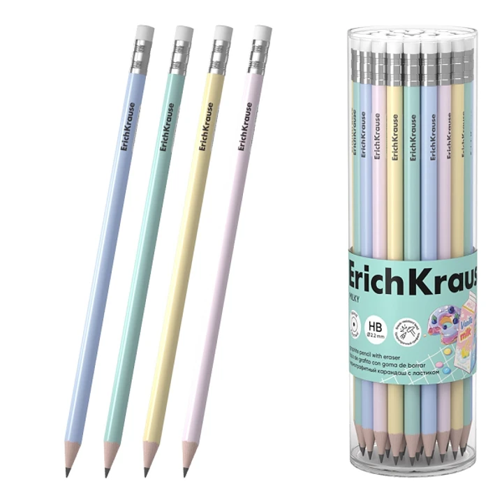 ErichKrause Milky Lapiz de Grafito con Goma de Borrar - Mina HB - Cuerpo Redondo - Agarre Ergonomico - Colores Surtidos 1
