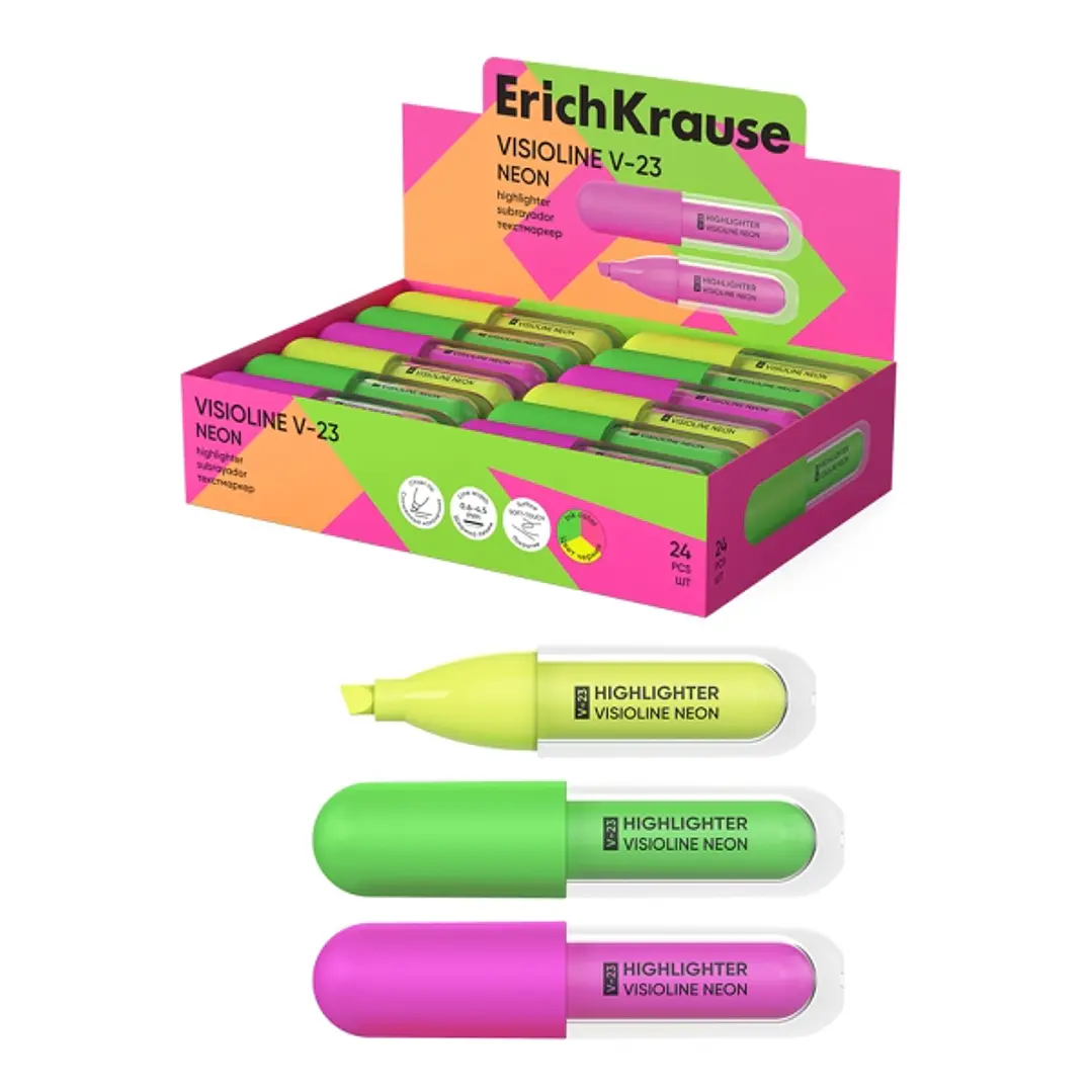 ErichKrause Visioline V-23 Neon Expositor con 24 Marcadores Fluorescentes - Punta Biselada - Trazo de 0.6 a 4.5mm - Colores Surtidos 1