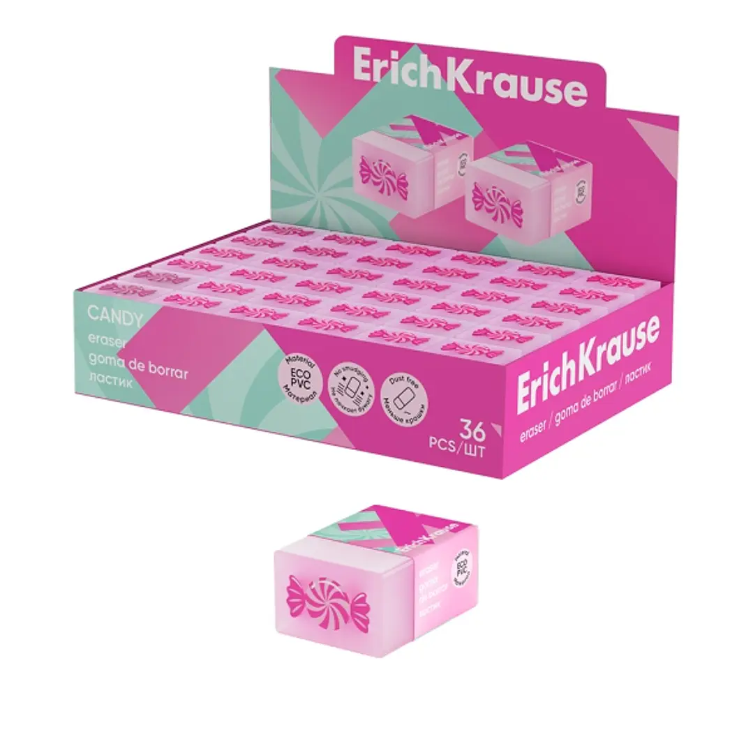 ErichKrause Candy Expositor con 36 Gomas de Borrar - PVC Ecologico - No Deja Residuos - No Rasga el Papel - Color Varios 1