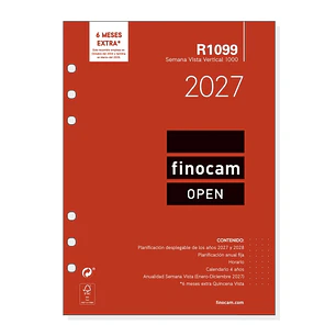 Finocam R1099 Recambio para Agenda Open - Anual 2027 - Semana Vista Vertical - Formato 1000 - 155x215mm - 6 Taladros - Papel de 80g/m2 - Color Blanco