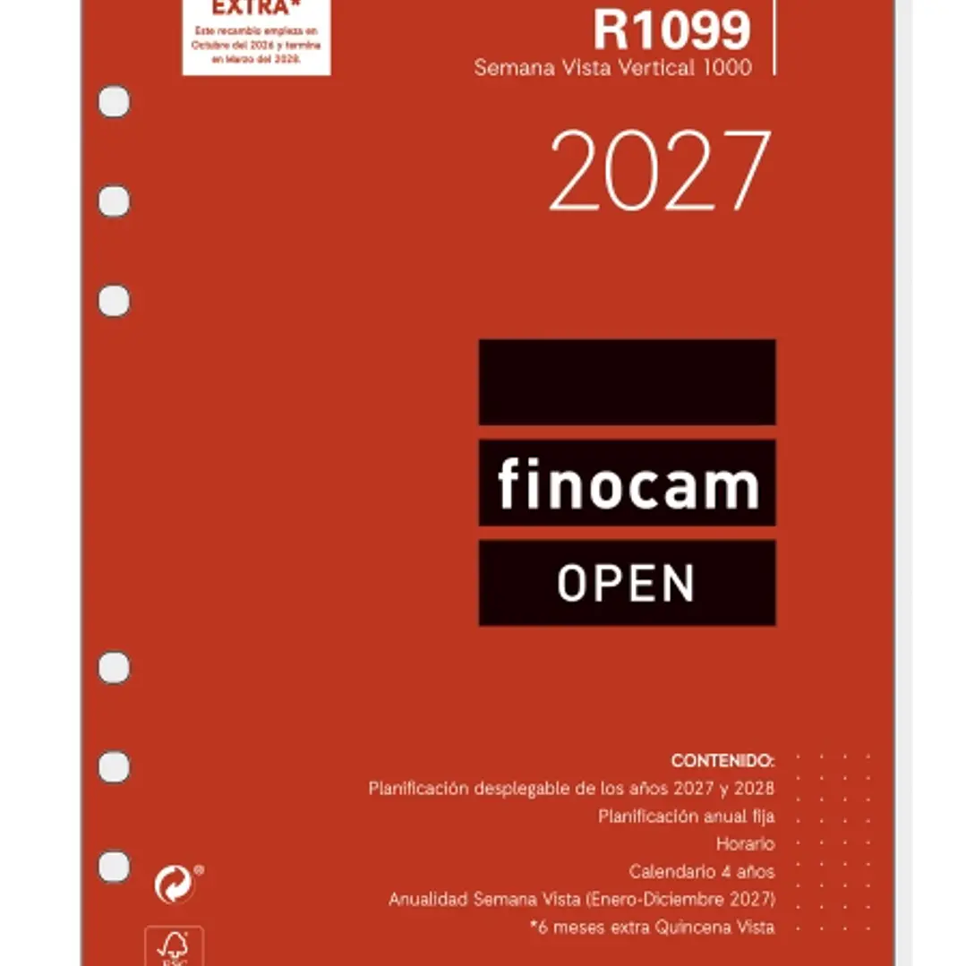 Finocam R1099 Recambio para Agenda Open - Anual 2027 - Semana Vista Vertical - Formato 1000 - 155x215mm - 6 Taladros - Papel de 80g/m2 - Color Blanco 1