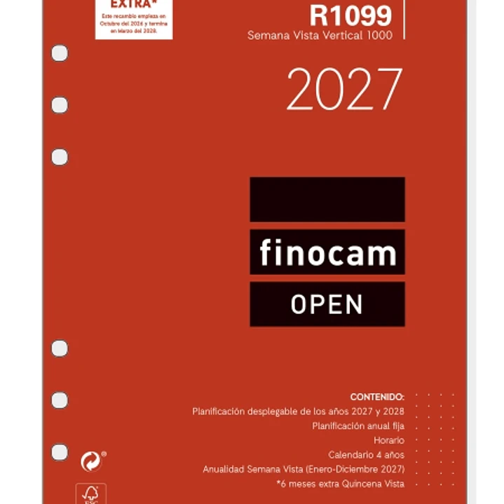Finocam R1099 Recambio para Agenda Open - Anual 2027 - Semana Vista Vertical - Formato 1000 - 155x215mm - 6 Taladros - Papel de 80g/m2 - Color Blanco 1