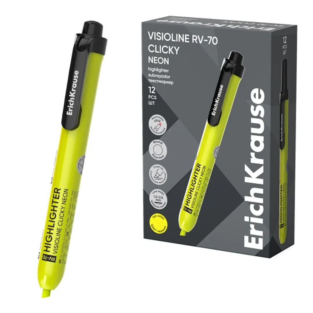 ErichKrause Visioline RV-70 Clicky Marcador Fluorescente - Retractil - Punta Biselada - Trazo de 1.0mm a 3.5mm - Color Amarillo 1