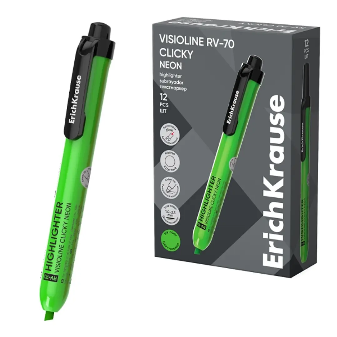 ErichKrause Visioline RV-70 Clicky Neon Marcador Fluorescente - Retractil - Punta Biselada - Trazo de 1.0mm a 3.5mm - Color Verde 1