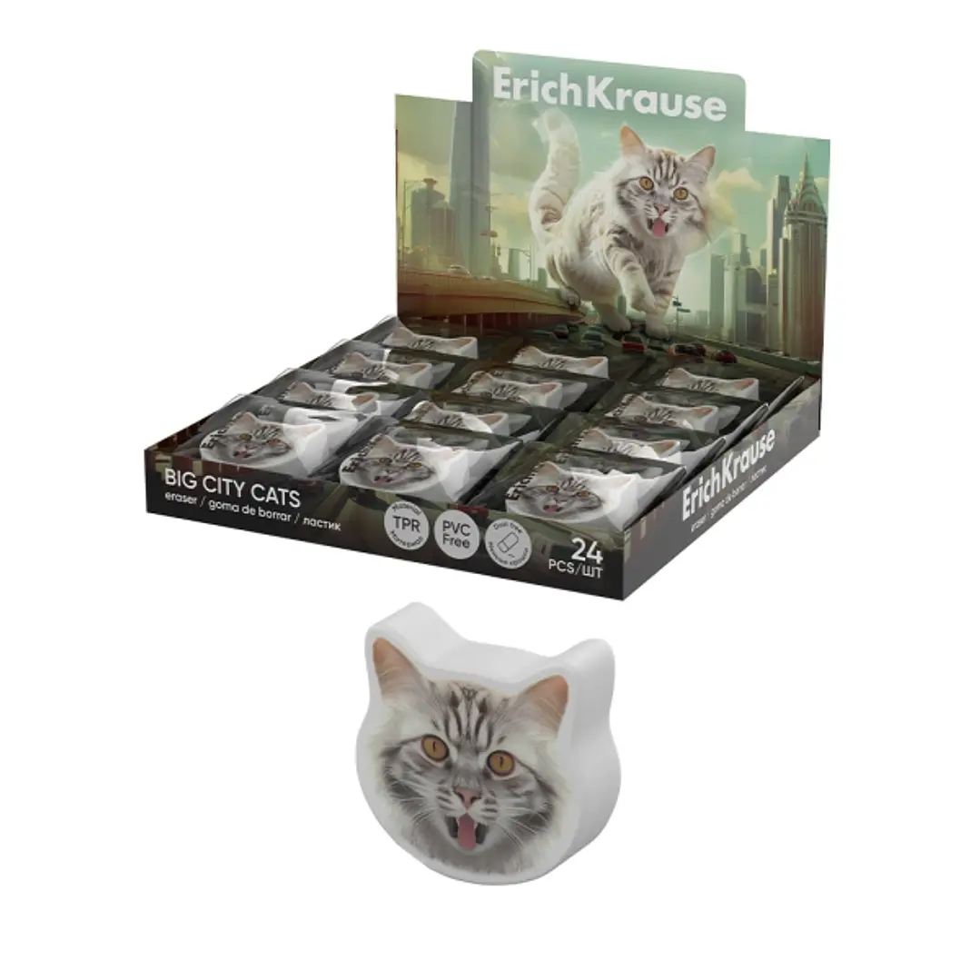 ErichKrause Big City Cats Expositor con 24 Gomas de Borrar - Caucho Termoplastico - No Deja Residuos - Libre de PVC - Color Varios 1