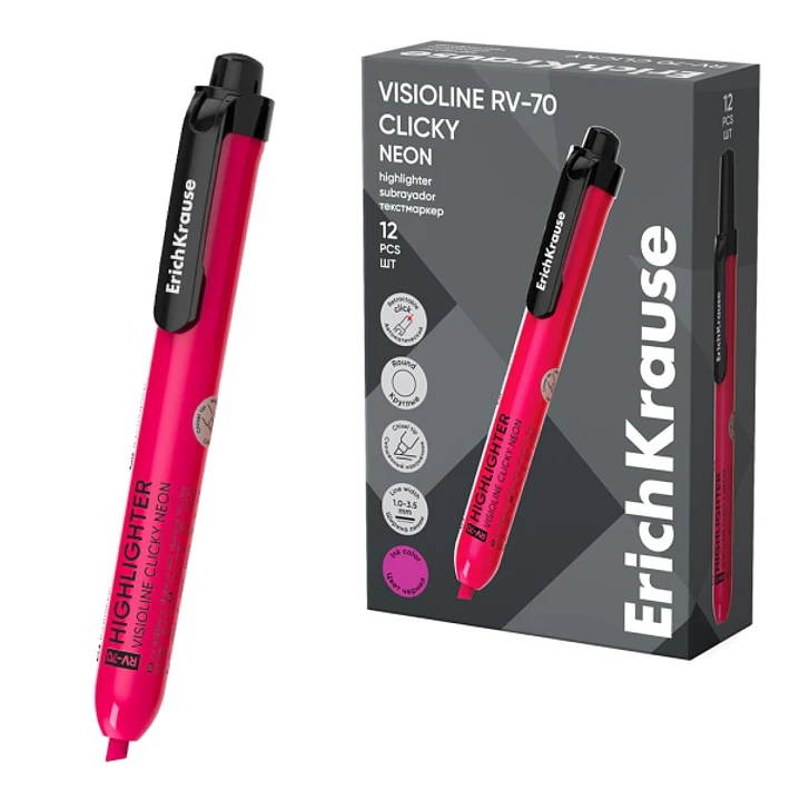 ErichKrause Visioline RV-70 Clicky Neon Marcador Fluorescente - Retractil - Punta Biselada - Trazo de 1.0mm a 3.5mm - Color Rosa 1