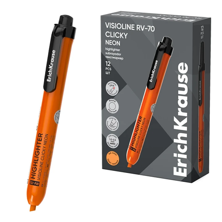ErichKrause Visioline RV-70 Clicky Neon Marcador Fluorescente - Retractil - Punta Biselada - Trazo de 1.0mm a 3.5mm - Color Naranja 1