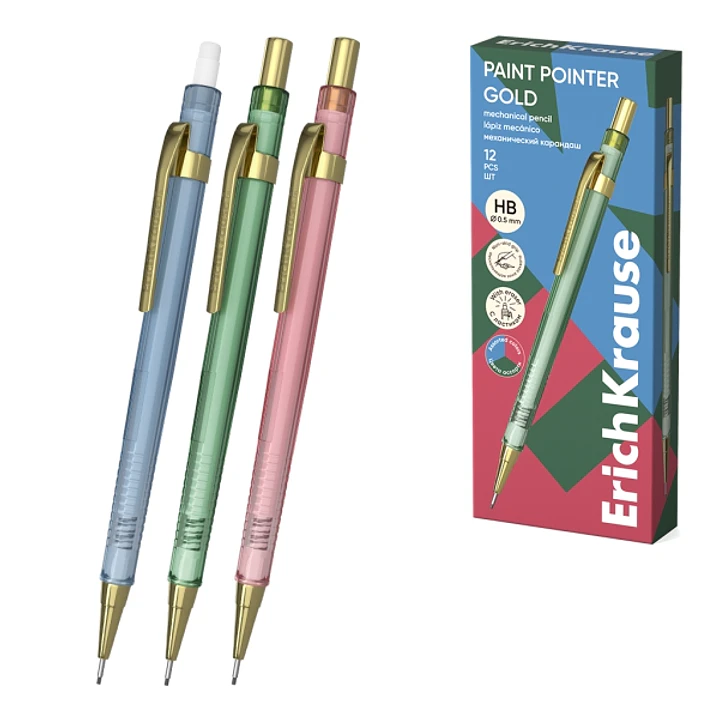 ErichKrause Paint Pointer Gold Portaminas - Mina HB de 0.5mm - Goma de Borrar Integrada - Colores Surtidos 1