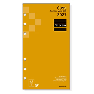 Finocam C999 Recambio para Agenda Classic - Anual 2027 - Semana Vista Horizontal - Formato 609 - 94x171mm - 6 Taladros - Papel de 80g/m2 - Esquinas Mi